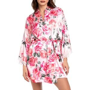 In Bloom by Jonquil Ella Floral Lace Trim Satin Robe Women XS/S New No Belt
